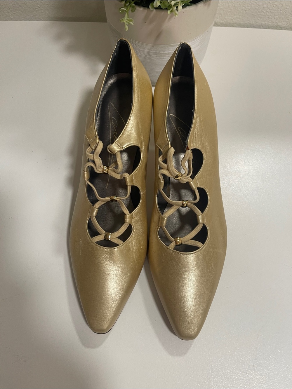 Metallic Gold Pointed-Toe Lace-Up Women's Heels